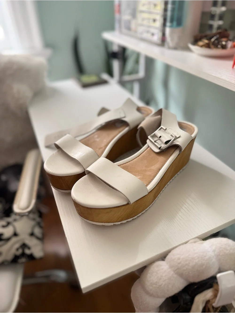 Womens Cream Platform Sandals with Buckle